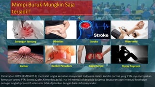 Mimpi Buruk Mungkin Saja
terjadi!!
Serangan Jantung Obesitas Stroke Hipertensi
Kanker Kanker Payudara Gagal Ginjal Stress Depressi
Pada tahun 2019 KEMENKES RI mencatat angka kematian masyarakat Indonesia dalam kondisi normal yang 73% -nya merupakan
kematian karena PTM (www.p2ptm.Kemenkes.go.id). Hal ini membuktikan pada dasarnya kesadaran akan Investasi kesehatan
sebagai langkah preventif selama ini tidak dijalankan dengan baik oleh masyarakat.
 