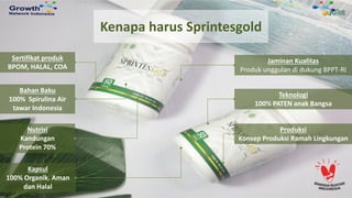 Kenapa harus Sprintesgold
Sertifikat produk
BPOM, HALAL, COA
Bahan Baku
100% Spirulina Air
tawar Indonesia
Nutrisi
Kandungan
Protein 70%
Kapsul
100% Organik. Aman
dan Halal
Jaminan Kualitas
Produk unggulan di dukung BPPT-RI
Teknologi
100% PATEN anak Bangsa
Produksi
Konsep Produksi Ramah Lingkungan
 
