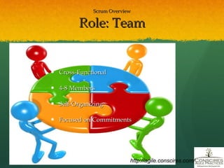 Scrum Overview Role: Team Cross-Functional  4-8 Members Self-Organizing Focused on Commitments http://agile.conscires.com/ 