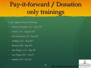 Pay-it-forward / Donation only trainings 1 day Agile & Scrum Training Denver/Boulder, CO  - July 30 th Irvine , CA - August 12 th San Francisco, CA -Aug 26 th Atlanta, GA - Aug 26 th Boston, MA - Sep 30 th San Diego , CA – Sep 30 th   Las Vegas, NV – Oct 7 th   Seattle, WA - Oct 21 st http://agile.conscires.com/ 