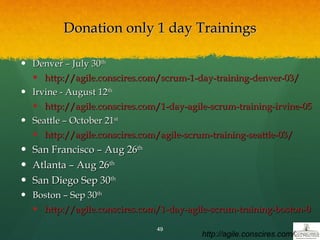 Donation only 1 day Trainings Denver – July 30 th   http://agile.conscires.com/scrum-1-day-training-denver-03/ Irvine - August 12 th   http://agile.conscires.com/1-day-agile-scrum-training-irvine-05/ Seattle – October 21 st   http://agile.conscires.com/agile-scrum-training-seattle-03/ San Francisco – Aug 26 th   Atlanta – Aug 26 th   San Diego Sep 30 th   Boston – Sep 30 th   http://agile.conscires.com/1-day-agile-scrum-training-boston-04/ http://agile.conscires.com/ 