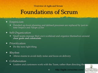 Overview of Agile and Scrum   Foundations of Scrum Empiricism  Detailed up-front planning and defined processes are replaced by just-in-time Inspect and Adapt cycles Self-Organization Small teams manage their own workload and organize themselves around  clear goals and constraints Prioritization Do the next right thing Rhythm Allows teams to avoid daily noise and focus on delivery Collaboration Leaders and customers work with the Team, rather than directing them http://agile.conscires.com/ 
