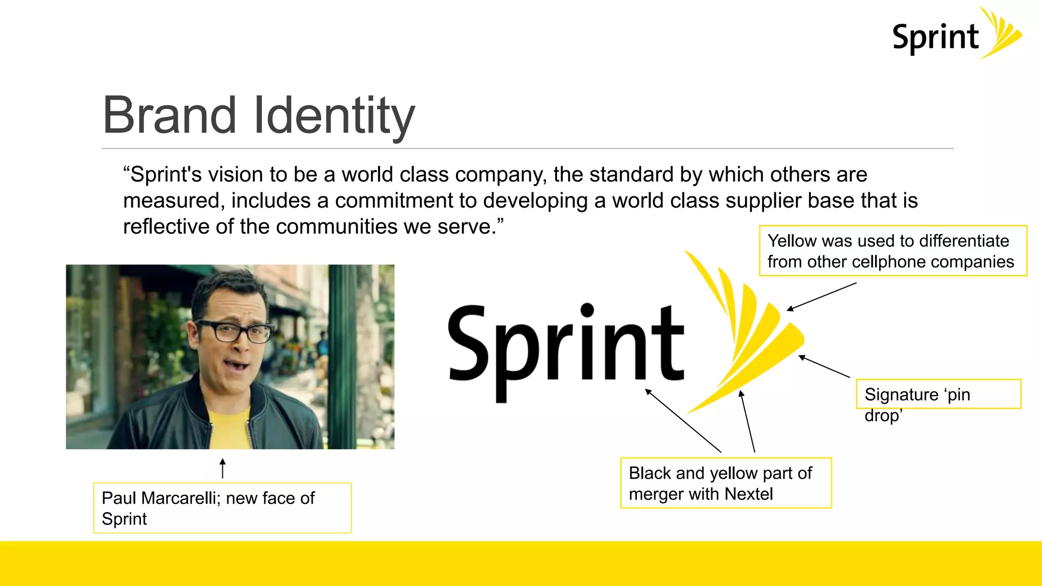 Brand Identity
“Sprint's vision to be a world class company, the standard by which others are
measured, includes a commitment to developing a world class supplier base that is
reflective of the communities we serve.”
Yellow was used to differentiate
from other cellphone companies
Black and yellow part of
merger with Nextel
Signature ‘pin
drop’
Paul Marcarelli; new face of
Sprint
 