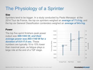 The Physiology of a Sprinter
Size
Sprinters tend to be bigger. In a study conducted by Paolo Menaspa1
at the
2014 Tour de France, the top six sprinters weighed an average of 71.6 kg, and
the top six General Classification contenders weighed an average of 64.4 kg.
Data from 2014 TdF / Science in Sport: The profile of a sprint: What does it take to win a sprint stage?
Power
The top five sprint finishers peak power
output was 989-1443 W, and their
average power was 865-1140 W for a
duration of 9.0-17.0 sec. These
numbers are typically 10 to 15% lower
than maximal peak, as fatigue plays a
large role at the end of a TdF stage.
 
