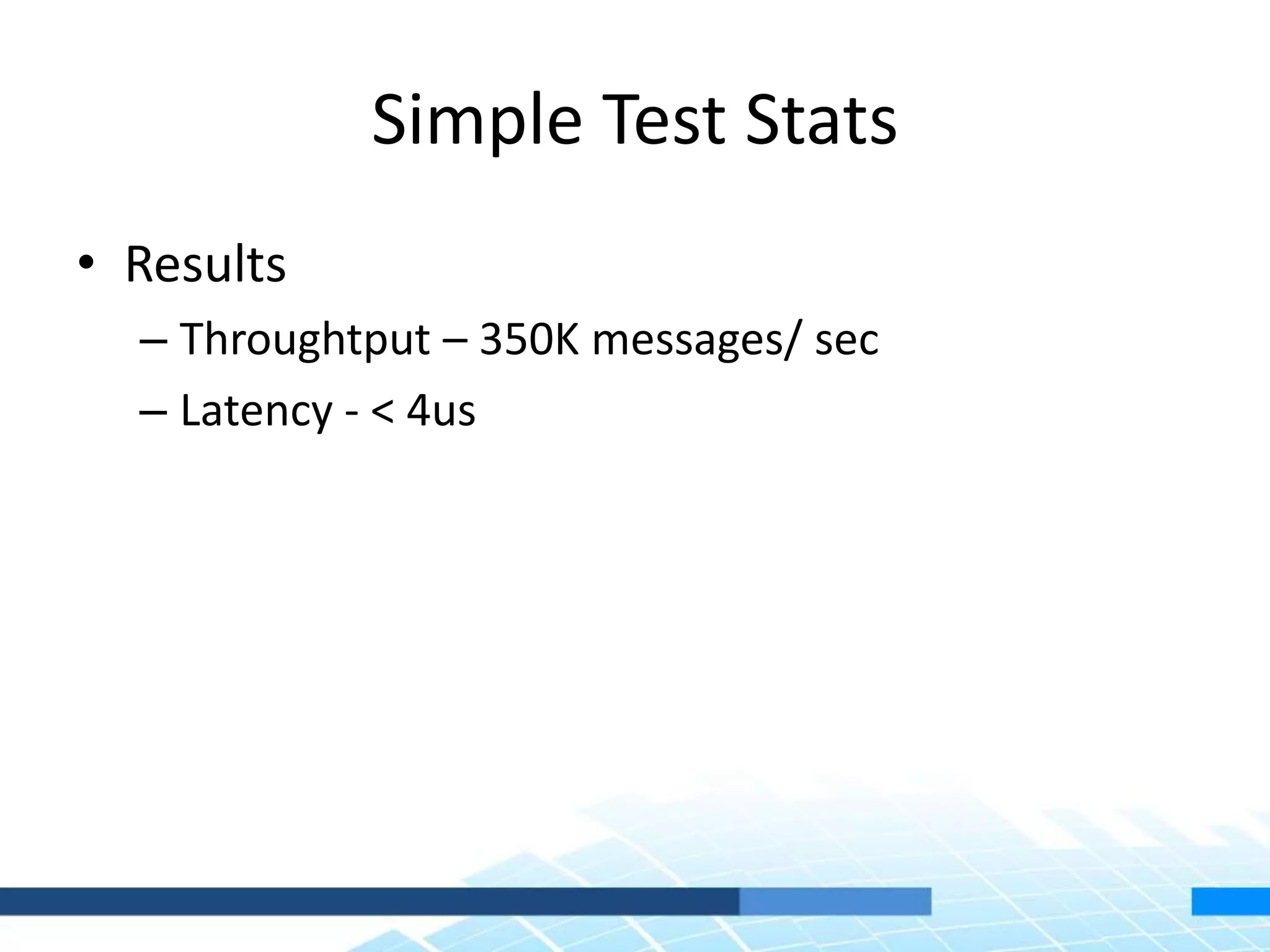 Simple Test Stats
• Results
– Throughtput – 350K messages/ sec
– Latency - < 4us
 