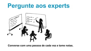 Pergunte aos experts
Converse com uma pessoa de cada vez e tome notas.
 