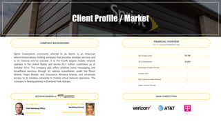 Client Profile / Market
Sprint Corporation, commonly referred to as Sprint, is an American
telecommunications holding company that provides wireless services and
is an internet service provider. It is the fourth largest mobile network
operator in the United States and serves 60.2 million customers, as of
October 2016. The company also offers wireless voice, messaging, and
broadband services through its various subsidiaries under the Boost
Mobile, Virgin Mobile, and Assurance Wireless brands, and wholesale
access to its wireless networks to mobile virtual network operators. The
company is headquartered in Overland Park, Kansas.
FINANCIAL OVERVIEW
- Source: AccessConfidential.com -
COMPANY BACKGROUND
MAIN COMPETITORS
2015 Sales (mil)
2015 Employees
Employee Growth Percent
Assets (mil)
Net Income Growth Percent
Sales Growth Percent
32,180
30,000
-
-
-
Mr. Roger Sole
Chief Marketing Officer
Ms. Melinda E. Parks
Marketing Director
DECISION MAKERS by
melinda.parks@sprint.comroger@sprint.com
-
 