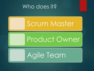 Who does it?
Scrum Master
Product Owner
Agile Team