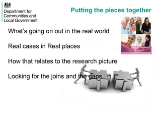 Putting the pieces together
What’s going on out in the real world
Real cases in Real places
How that relates to the research picture
Looking for the joins and the gaps
 