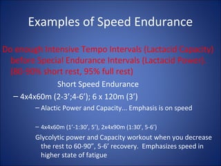 Examples of Speed Endurance 
Do enough Intensive Tempo Intervals (Lactacid Capacity) 
before Special Endurance Intervals (Lactacid Power). 
(80-90% short rest, 95% full rest) 
Short Speed Endurance 
– 4x4x60m (2-3’;4-6’); 6 x 120m (3’) 
– Alactic Power and Capacity... Emphasis is on speed 
– 4x4x60m (1’-1:30’, 5’), 2x4x90m (1:30’, 5-6’) 
Glycolytic power and Capacity workout when you decrease 
the rest to 60-90”, 5-6’ recovery. Emphasizes speed in 
higher state of fatigue 
 
