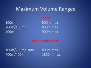 Maximum Volume Ranges 
Speed 
100m 500m max 
200m/100mh 800m max 
400m 900m max 
Speed Endurance 
100m/200m/100h 800m max 
400m/400ih 1800m max 
 