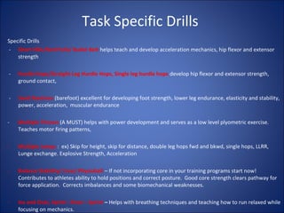 Task Specific Drills 
Specific Drills 
- Short Hills/Sled Pulls/ Bullet Belt helps teach and develop acceleration mechanics, hip flexor and extensor 
strength 
- Hurdle Hops/Straight Leg Hurdle Hops, Single leg hurdle hops develop hip flexor and extensor strength, 
ground contact, 
- Sand Routines (barefoot) excellent for developing foot strength, lower leg endurance, elasticity and stability, 
power, acceleration, muscular endurance 
- Multiple Throws (A MUST) helps with power development and serves as a low level plyometric exercise. 
Teaches motor firing patterns, 
- Multiple Jumps : ex) Skip for height, skip for distance, double leg hops fwd and bkwd, single hops, LLRR, 
Lunge exchange. Explosive Strength, Acceleration 
- Balance Stability/ Core/ Physioball – If not incorporating core in your training programs start now! 
Contributes to athletes ability to hold positions and correct posture. Good core strength clears pathway for 
force application. Corrects imbalances and some biomechanical weaknesses. 
- Ins and Outs, Sprint –Float – Sprint – Helps with breathing techniques and teaching how to run relaxed while 
focusing on mechanics. 
