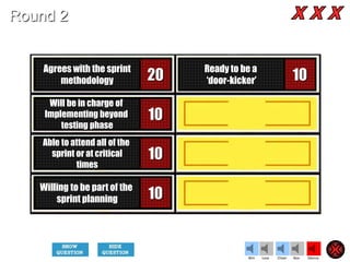 20
10
10
10
10
Agrees with the sprint
methodology
Will be in charge of
Implementing beyond
testing phase
Able to attend all of the
sprint or at critical
times
Willing to be part of the
sprint planning
Ready to be a
‘door-kicker’
Cheer SilenceLoseWin Boo
Round 2
 