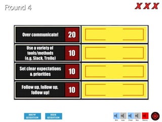 20
10
10
10
Over communicate!
Use a variety of
tools/methods
(e.g. Slack, Trello)
Set clear expectations
& priorities
Follow up, follow up,
follow up!
Cheer SilenceLoseWin Boo
Round 4
 