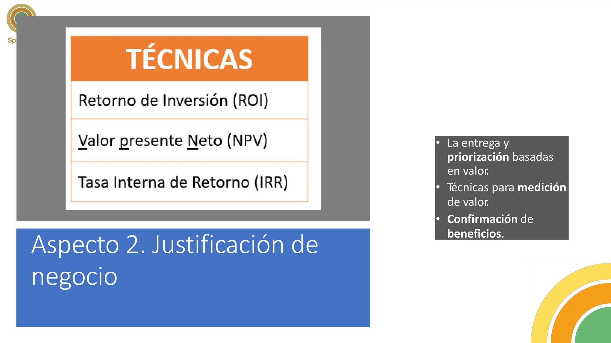 Aspecto 2. Justificación de
negocio
•Es fundamental medir el
valor que aportamos al
negocio a través del proyecto.
Nos podemos ayudar de:
• La entrega y
priorización basadas
en valor
.
• Técnicas para medición
de valor
.
• Confirmación de
beneficios.
 