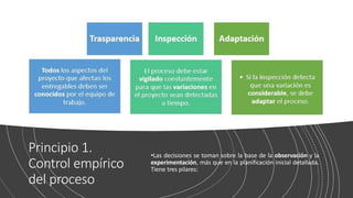 Principio 1.
Control empírico
del proceso
•Las decisiones se toman sobre la base de la observación y la
experimentación, más que en la planificación inicial detallada.
Tiene tres pilares:
 
