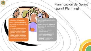 Planificación del Sprint
(Sprint Planning)
Definición del objetivo
Dura la primera mitad de
la reunión de planificación
del sprint.
• Es el “Qué” debe tener el Sprint.
• El Product Owner explica las
historias de usuario de más alta
prioridad, después el Equipo
Scrum en colaboración con el
Product Owner se compromete
con las historias de usuario, las
cuales definen la meta del sprint.
Identificación y estimación
de tareas
Dura la segunda mitad de
la reunión de planificación
del sprint.
• Es el “Cómo” se realizará el
trabajo en el Sprint.
• El equipo revisa cada historia de
usuario comprometida para el
sprint e identifica las tareas
necesarias para generar los
entregables y cumplir con los
criterios de aceptación.
 