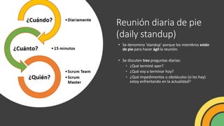 Reunión diaria de pie
(daily standup)
• Se denomina ‘standup’ porque los miembros están
de pie para hacer ágil la reunión.
• Se discuten tres preguntas diarias:
• ¿Qué terminé ayer?
• ¿Qué voy a terminar hoy?
• ¿Qué impedimentos u obstáculos (si los hay)
estoy enfrentando en la actualidad?
 