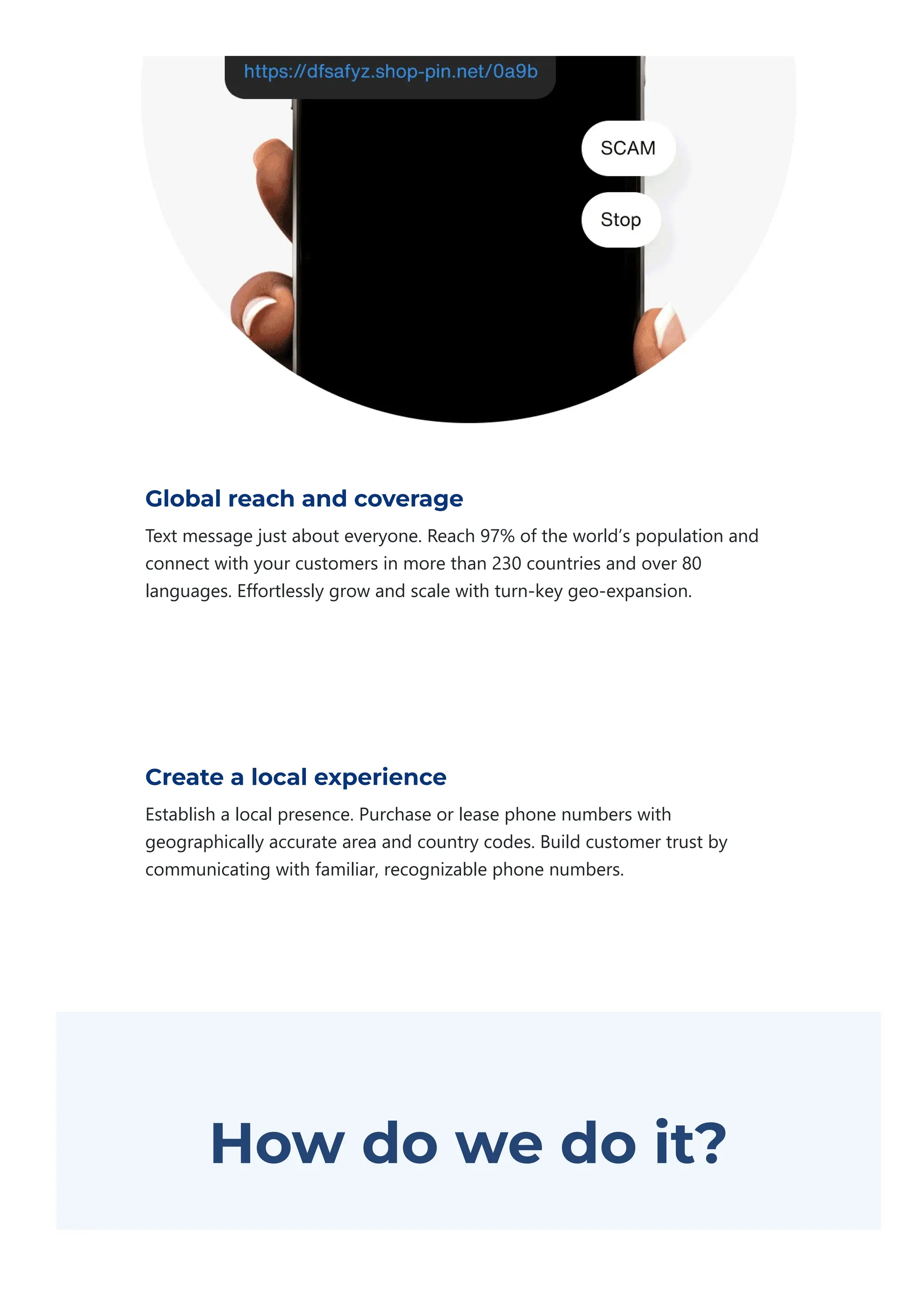 Global reach and coverage
Text message just about everyone. Reach 97% of the world’s population and
connect with your customers in more than 230 countries and over 80
languages. Effortlessly grow and scale with turn‐key geo‐expansion.
Create a local experience
Establish a local presence. Purchase or lease phone numbers with
geographically accurate area and country codes. Build customer trust by
communicating with familiar, recognizable phone numbers.
How do we do it?
Sprint offers panel, SMPP, and API options. Panels are
 