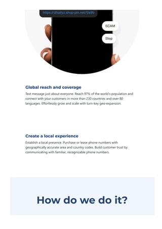 Global reach and coverage
Text message just about everyone. Reach 97% of the world’s population and
connect with your customers in more than 230 countries and over 80
languages. Effortlessly grow and scale with turn‐key geo‐expansion.
Create a local experience
Establish a local presence. Purchase or lease phone numbers with
geographically accurate area and country codes. Build customer trust by
communicating with familiar, recognizable phone numbers.
How do we do it?
Sprint offers panel, SMPP, and API options. Panels are
 