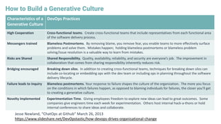 How to Build a Generative Culture
Characteristics of a
Generative Culture
DevOps Practices
High Cooperation Cross-functional teams. Create cross-functional teams that include representatives from each functional area
of the software delivery process.
Messengers trained Blameless Postmortems. By removing blame, you remove fear, you enable teams to more effectively surface
problems and solve them. Mistakes happen; holding blameless postmortems or blameless problem
solving/issue resolution is a valuable way to learn from mistakes.
Risks are Shared Shared Responsibility. Quality, availability, reliability, and security are everyone’s job. The improvement in
collaboration that comes from sharing responsibility inherently reduces risk.
Bridging encouraged Breaking down silos. In addition to creating cross-functional teams, techniques for breaking down silos can
include co-locating or embedding ops with the dev team or including ops in planning throughout the software
delivery lifecycle.
Failure leads to inquiry Blameless postmortems. Your response to failure shapes the culture of the organization. The more you focus
on the conditions in which failures happen, as opposed to blaming individuals for failures, the closer you’ll get
to creating a generative culture.
Novelty implemented Experimentation Time. Giving employees freedom to explore new ideas can lead to great outcomes. Some
companies give engineers time each week for experimentation. Others host internal hack-a-thons or hold
internal conferences to share ideas and collaborate.
Jesse Newland, “ChatOps at Github” March 26, 2013
https://www.slideshare.net/DevOpstastic/how-devops-drives-organisational-change
 