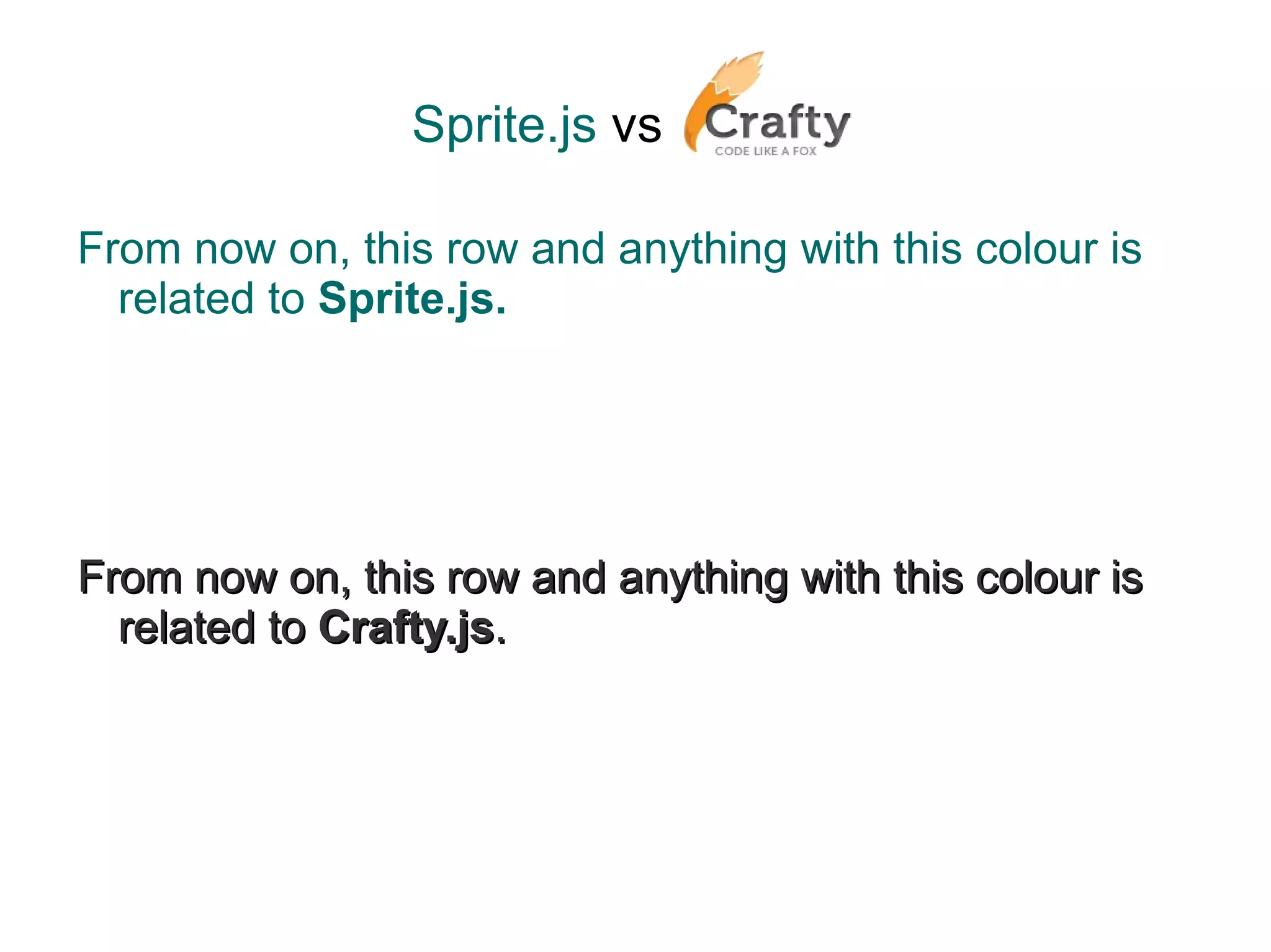 Sprite.js   vs   From now on, this row and anything with this colour is related to  Sprite.js. From now on, this row and anything with this colour is related to  Crafty.js . 