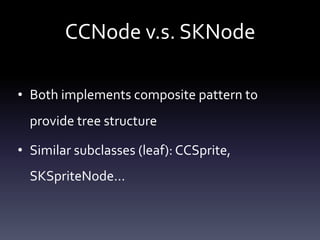 CCNode	v.s.	SKNode
• Both	implements	composite	pattern	to	
provide	tree	structure	
• Similar	subclasses	(leaf):	CCSprite,	
SKSpriteNode…
 