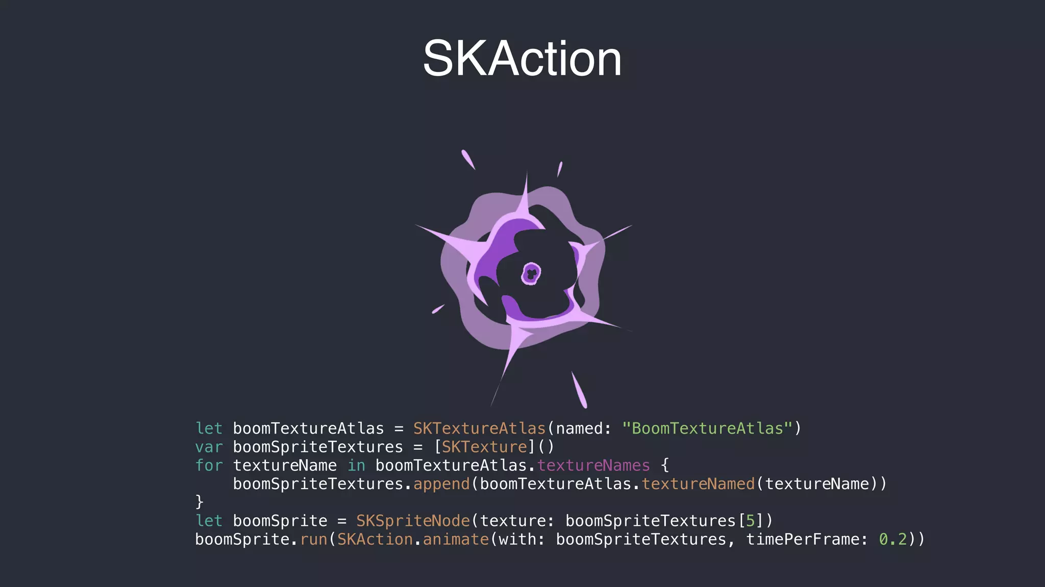 SKAction
let boomTextureAtlas = SKTextureAtlas(named: "BoomTextureAtlas")
var boomSpriteTextures = [SKTexture]()
for textureName in boomTextureAtlas.textureNames {
boomSpriteTextures.append(boomTextureAtlas.textureNamed(textureName))
}
let boomSprite = SKSpriteNode(texture: boomSpriteTextures[5])
boomSprite.run(SKAction.animate(with: boomSpriteTextures, timePerFrame: 0.2))
 