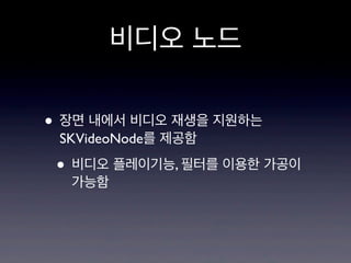 비디오 노드
• 장면 내에서 비디오 재생을 지원하는
SKVideoNode를 제공함

• 비디오 플레이기능, 필터를 이용한 가공이
가능함

 