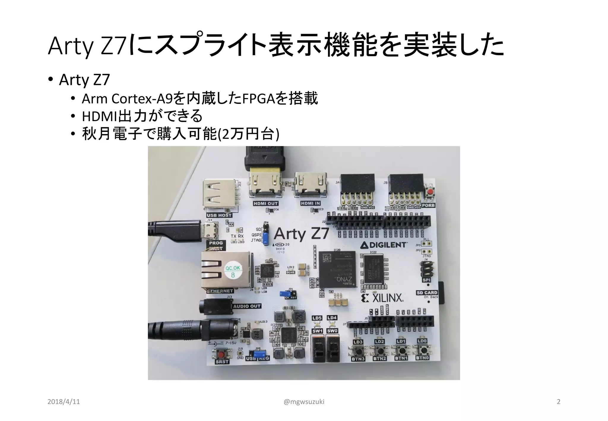 Arty Z7にスプライト表示機能を実装した
• Arty Z7
• Arm Cortex-A9を内蔵したFPGAを搭載
• HDMI出力ができる
• 秋月電子で購入可能(2万円台)
2018/4/11 @mgwsuzuki 2
 