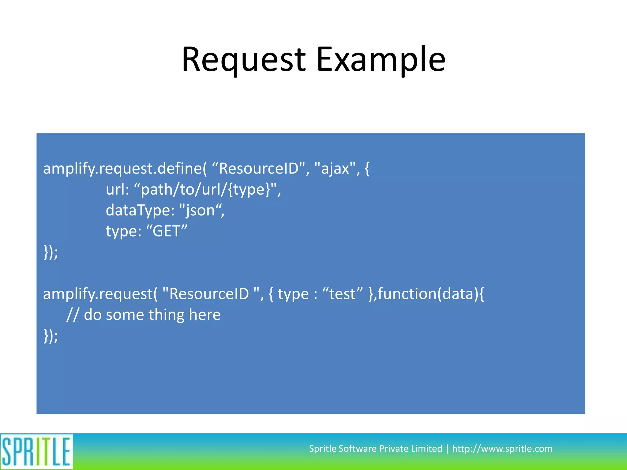 Request Example
amplify.request.define( “ResourceID", "ajax", {
url: “path/to/url/{type}",
dataType: "json“,
type: “GET”
});
amplify.request( "ResourceID ", { type : “test” },function(data){
// do some thing here
});

Spritle Software Private Limited | http://www.spritle.com

 