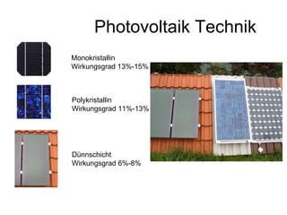 Photovoltaik Technik Monokristallin Wirkungsgrad 13%-15% Polykristallin Wirkungsgrad 11%-13% Dünnschicht Wirkungsgrad 6%-8% 
