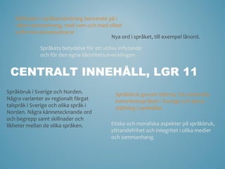 Skillnader i språkanvändning beroende på i
   vilket sammanhang, med vem och med vilket
   syfte man kommunicerar
                                          Nya ord i språket, till exempel lånord.

              Språkets betydelse för att utöva inflytande
              och för den egna identitetsutvecklingen


 CENTRALT INNEHÅLL, LGR 11
Språkbruk i Sverige och Norden.              Språkbruk genom tiderna. De nationella
Några varianter av regionalt färgat          minoritetsspråken i Sverige och deras
talspråk i Sverige och olika språk i         ställning i samhället.
Norden. Några kännetecknande ord
och begrepp samt skillnader och
likheter mellan de olika språken.           Etiska och moraliska aspekter på språkbruk,
                                            yttrandefrihet och integritet i olika medier
                                            och sammanhang.
 