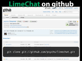 LimeChat on github




git clone git://github.com/psychs/limechat.git
 