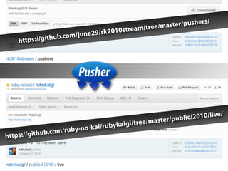 s/
                                                      ma ster/pusher
                                        0s tream/tree/
                  .co   m/ju ne29/rk201
    https://github




                                                                             /
                                                            ubl ic/2010/live
                                            /tre e/master/p
                             ka i/rubykaigi
               .com/ruby-no-
ht tps://github
 