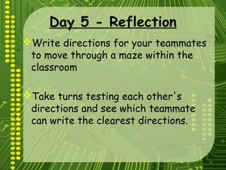 18
Day 5 - Reflection
Write directions for your teammates
to move through a maze within the
classroom
Take turns testing each other's
directions and see which teammate
can write the clearest directions.
 