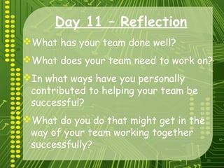 35
Day 11 – Reflection
What has your team done well?
What does your team need to work on?
In what ways have you personally
contributed to helping your team be
successful?
What do you do that might get in the
way of your team working together
successfully?
 