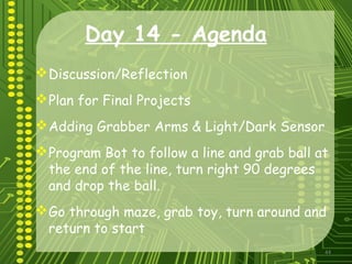 44
Day 14 - Agenda
Discussion/Reflection
Plan for Final Projects
Adding Grabber Arms & Light/Dark Sensor
Program Bot to follow a line and grab ball at
the end of the line, turn right 90 degrees
and drop the ball.
Go through maze, grab toy, turn around and
return to start
 