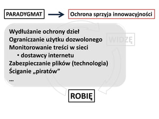 PARADYGMAT

Ochrona sprzyja innowacyjności

Wydłużanie ochrony dzieł
Ograniczanie użytku dozwolonego WIDZĘ
MAM treści w sieci
Monitorowanie
• dostawcy internetu
Zabezpieczanie plików (technologia)
Ściganie „piratów”
…

ROBIĘ

 