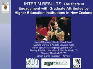 INTERIM RESULTS: The State of
  Engagement with Graduate Attributes by
Higher Education Institutions in New Zealand




            Rachel Spronken-Smith, Carol Bond,
           Martine Darrou & Angela McLean (UO)
          Martin Jenkins & Margaret Leonard (CPIT)
        Stanley Frielick, Lise Milne & Nell Smith (AUT)
                   Stephen Marshall (VUW)
               Simon Barrie (Sydney) – Advisor
 