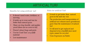 ARTIFICIAL TURF
Benefits for using artificial turf Risks for artificial Turf
 