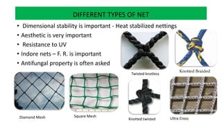 DIFFERENT TYPES OF NET
• Dimensional stability is important - Heat stabilized nettings
• Aesthetic is very important
• Resistance to UV
• Indore nets – F. R. is important
• Antifungal property is often asked
Knotted Braided
Twisted knotless
Square MeshDiamond Mesh Knotted twisted Ultra Cross
 