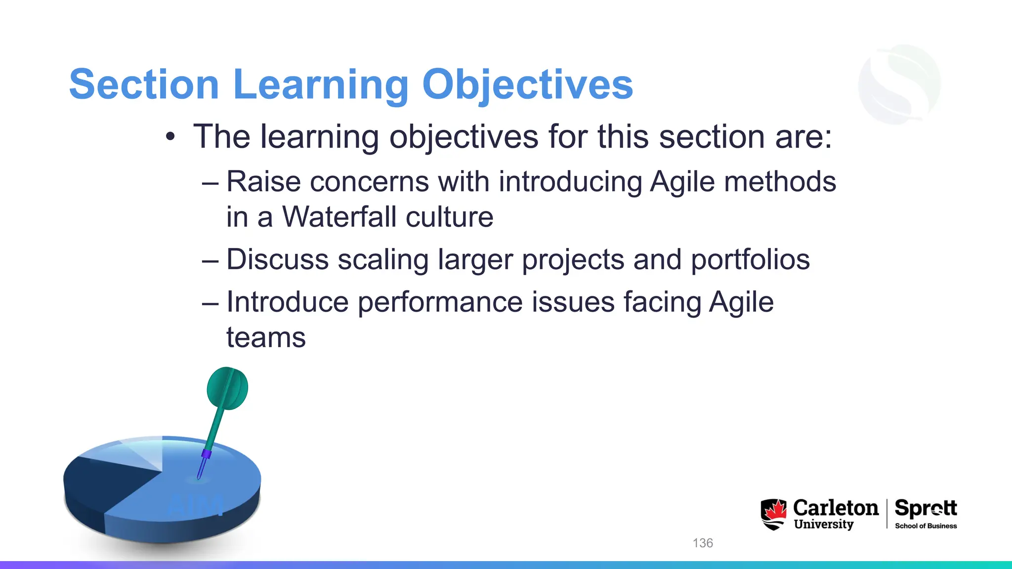 Section Learning Objectives
• The learning objectives for this section are:
– Raise concerns with introducing Agile methods
in a Waterfall culture
– Discuss scaling larger projects and portfolios
– Introduce performance issues facing Agile
teams
136
AIM
 