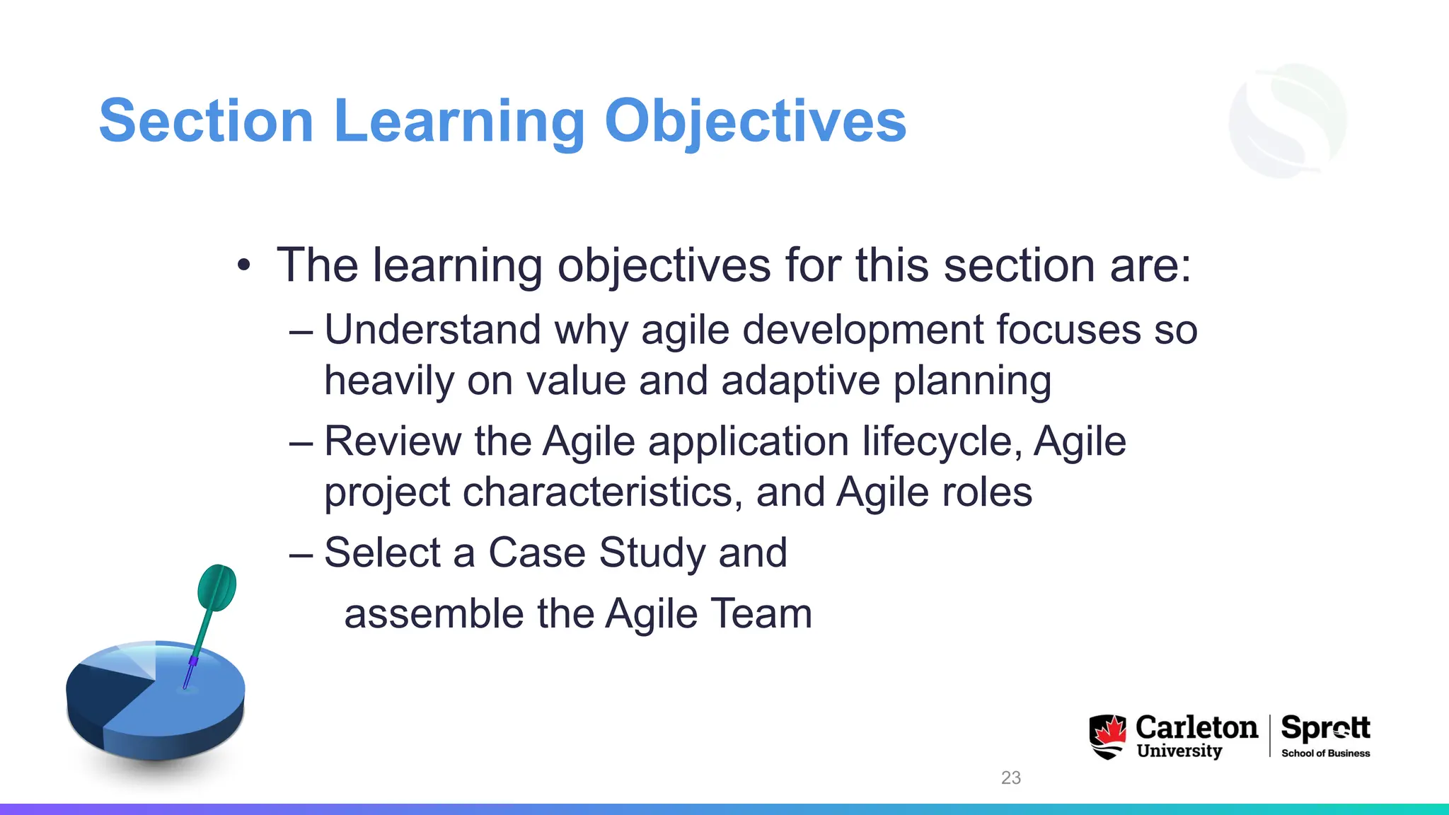 Section Learning Objectives
• The learning objectives for this section are:
– Understand why agile development focuses so
heavily on value and adaptive planning
– Review the Agile application lifecycle, Agile
project characteristics, and Agile roles
– Select a Case Study and
assemble the Agile Team
23
 