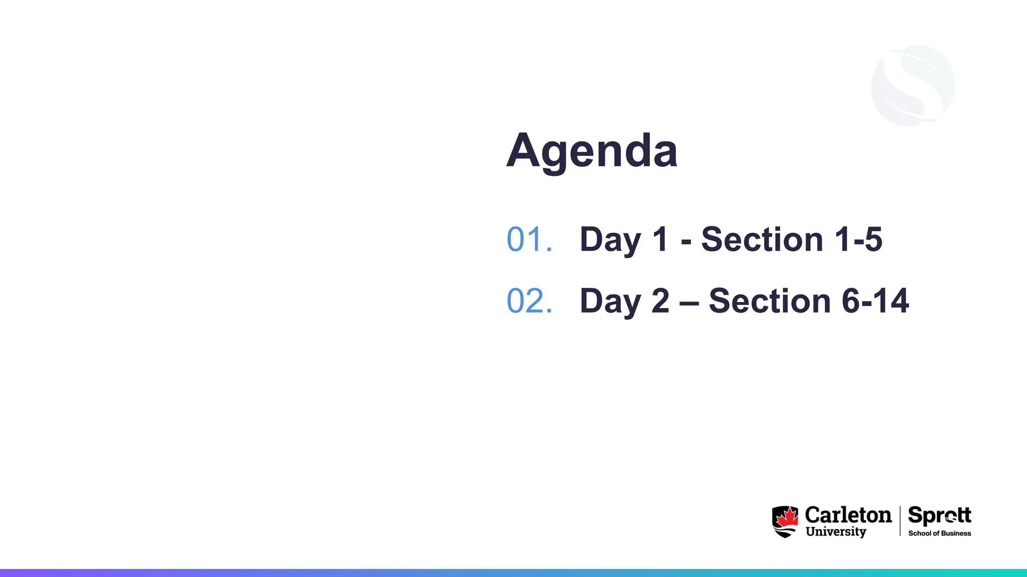 Agenda
Day 1 - Section 1-5
Day 2 – Section 6-14
01.
02.
 