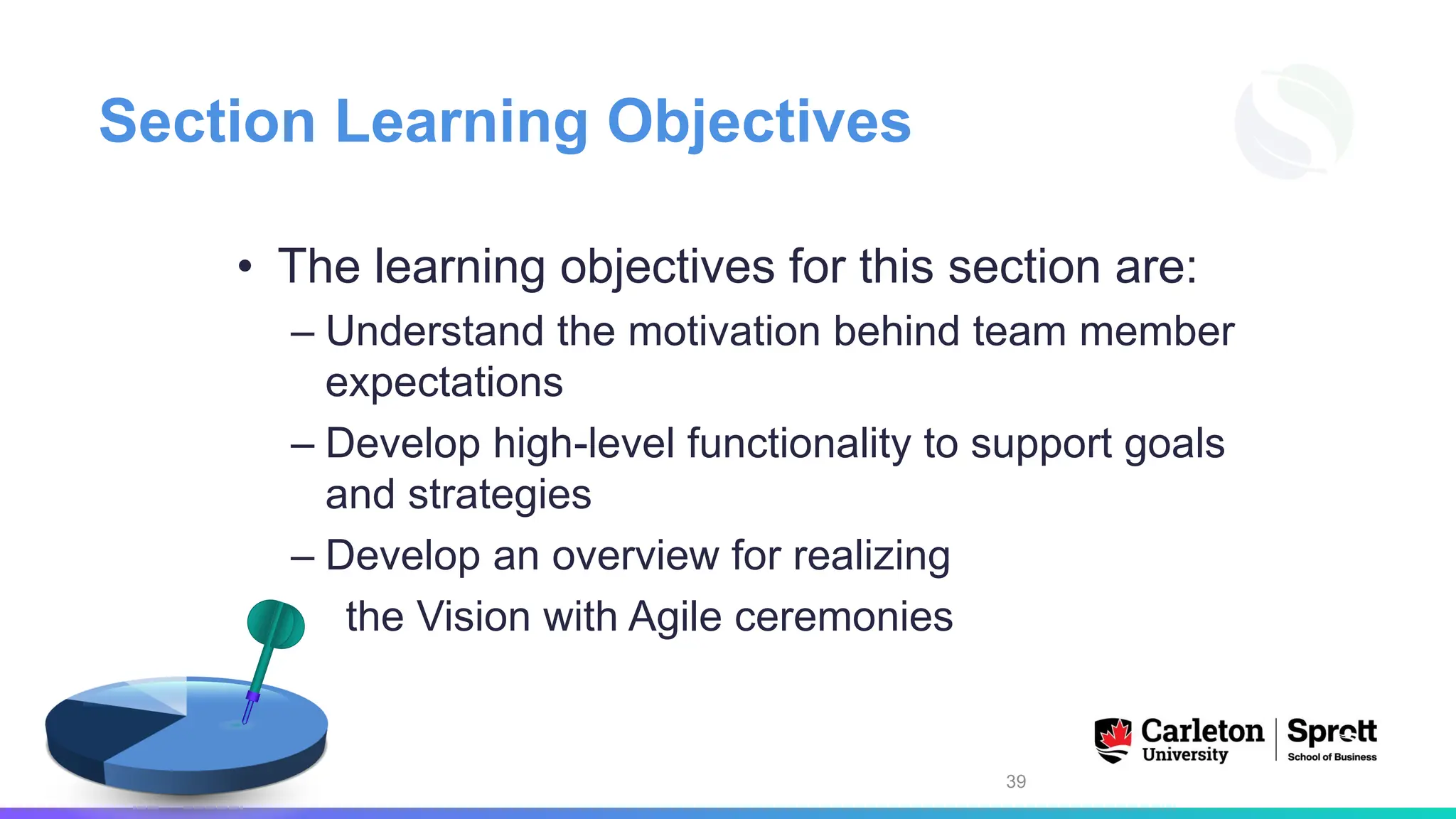 Section Learning Objectives
• The learning objectives for this section are:
– Understand the motivation behind team member
expectations
– Develop high-level functionality to support goals
and strategies
– Develop an overview for realizing
the Vision with Agile ceremonies
39
 