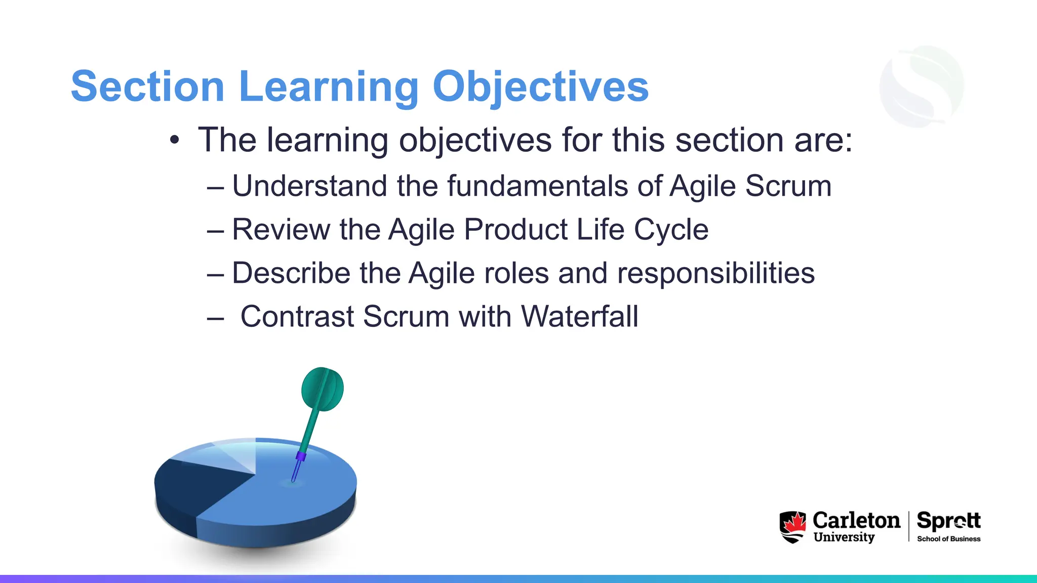 Section Learning Objectives
• The learning objectives for this section are:
– Understand the fundamentals of Agile Scrum
– Review the Agile Product Life Cycle
– Describe the Agile roles and responsibilities
– Contrast Scrum with Waterfall
 