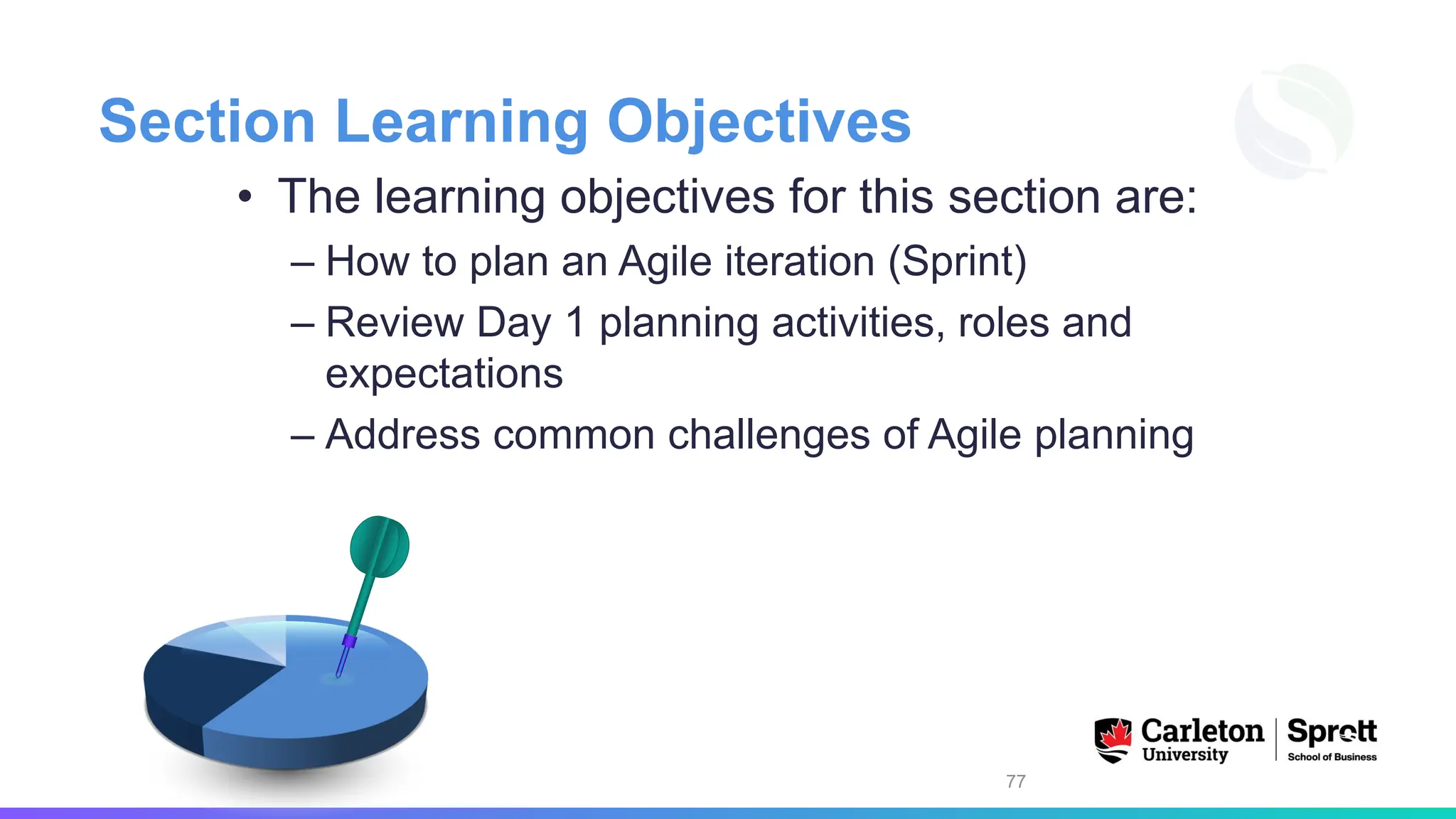 Section Learning Objectives
• The learning objectives for this section are:
– How to plan an Agile iteration (Sprint)
– Review Day 1 planning activities, roles and
expectations
– Address common challenges of Agile planning
77
 
