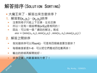 解答排序(SOLUTION SORTING)
 大魔王來了，解答出來怎麼排序？
1. 解答對(x1,y1)、(x2,y2)排序
 注意到格子只能上下交換、左右交換
 所以一定有一個座標值(x或y)是相同的！
 因此，可以做一個「通吃的解法」寫成
𝑎𝑛𝑠 = min(𝑥1, 𝑥2) , min y1,y2 , min(𝑥1, 𝑥2) ,max(y1,y2)
2. 解答之間排序
 我知道排序可以用sort()，可是有四個維度要怎麼排？
 每個維度都是1~8，可以把它們壓成四位數再排！
 輸出的時候再解開就好。
 排序之後，判斷重複就方便了！
By Andy, 129623.
 
