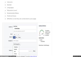 pdfcrowd.comopen in browser PRO version Are you a developer? Try out the HTML to PDF API
Interests
Gender
Languages
Education Level
Relationship Status
Political Views
Whether or not they are connected to your page
 